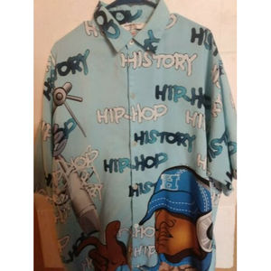 hip hop history all over print short sleeve button shirt size Large Men's